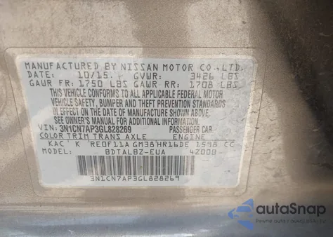 2016 Nissan Versa 1.6 Sv from USA, damaged, VIN 3N1CN7AP3GL828269